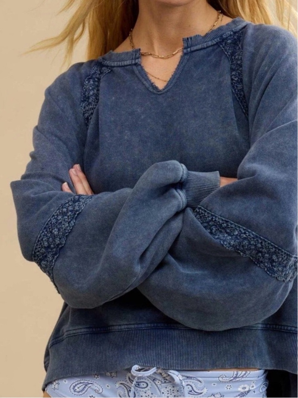 EUC Aerie Women’s Hey Crochet Oversized Pullover Sweatshirt in Navy Blue S